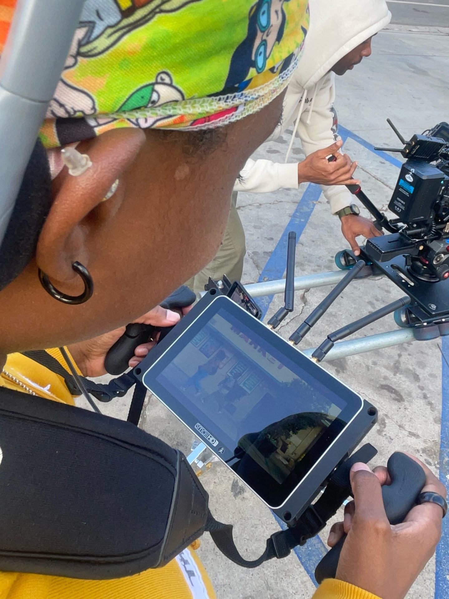 SmallHD monitor check on a downtown LA street shoot