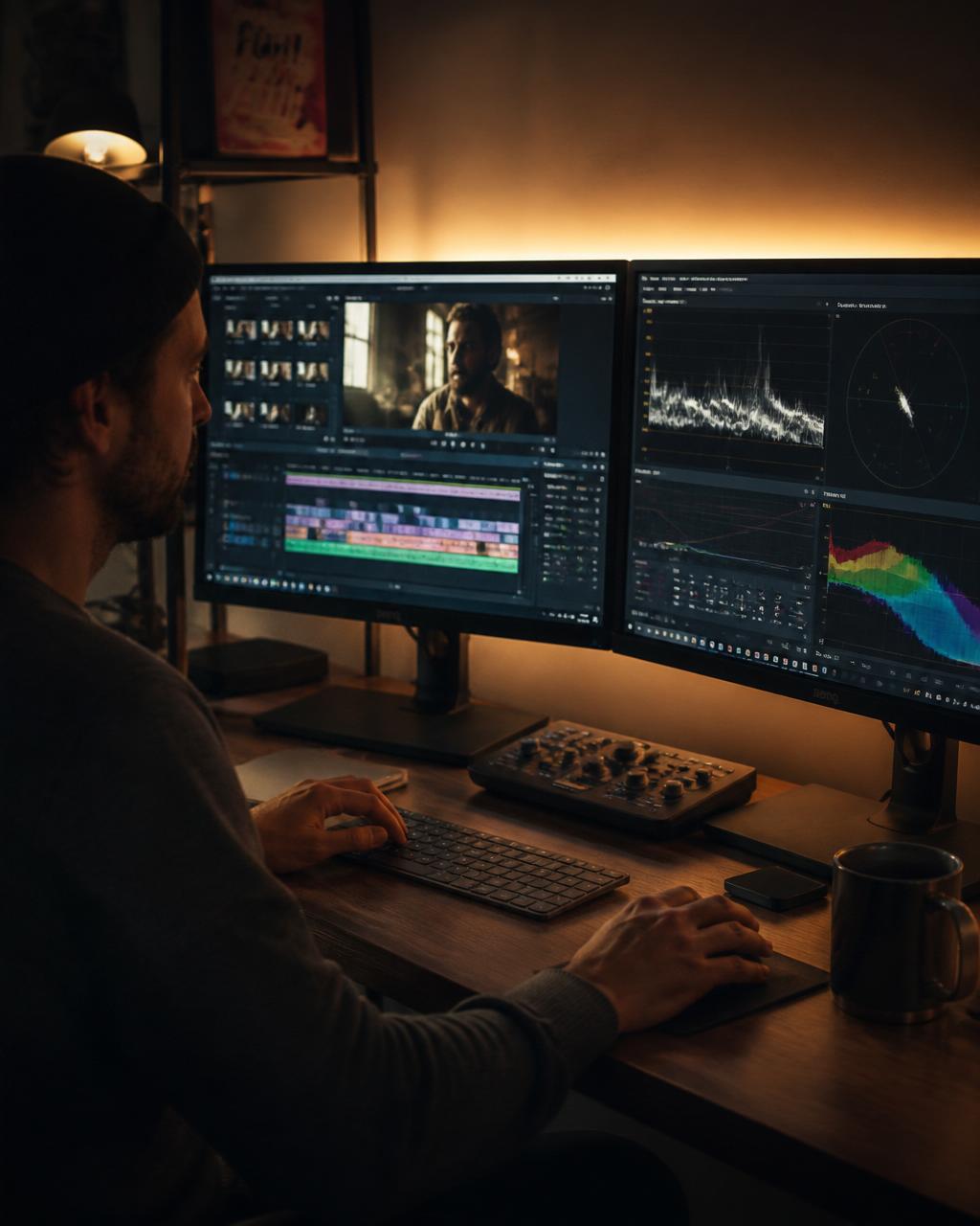Editor at a color-grading suite with timeline, scopes, and dual monitors